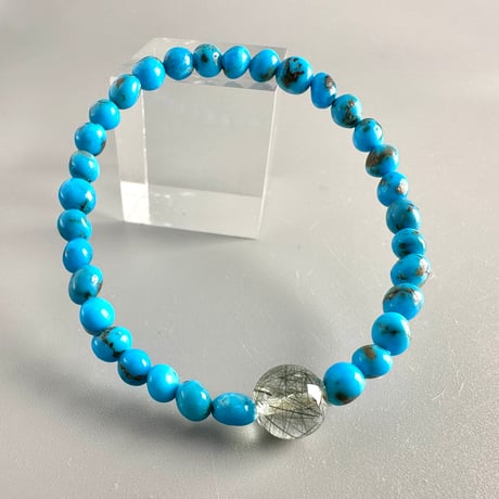 【デザインブレスレット】ターコイズ&ガネッシュヒマール産アクチノライトイン天然ヒマラヤ水晶/Turquoise&Ganesh Himal Actinolite in Himalayan Quartz