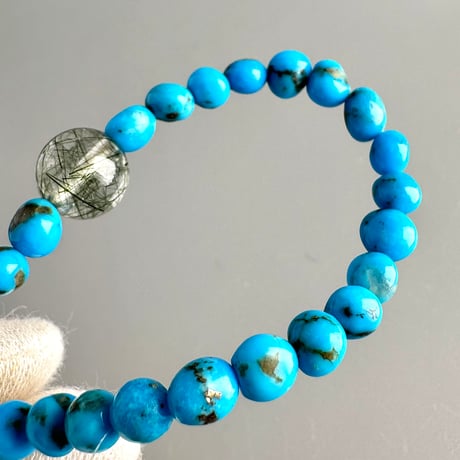 【デザインブレスレット】ターコイズ&ガネッシュヒマール産アクチノライトイン天然ヒマラヤ水晶/Turquoise&Ganesh Himal Actinolite in Himalayan Quartz