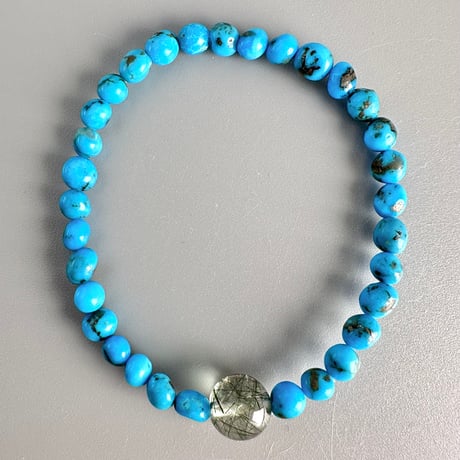 【デザインブレスレット】ターコイズ&ガネッシュヒマール産アクチノライトイン天然ヒマラヤ水晶/Turquoise&Ganesh Himal Actinolite in Himalayan Quartz
