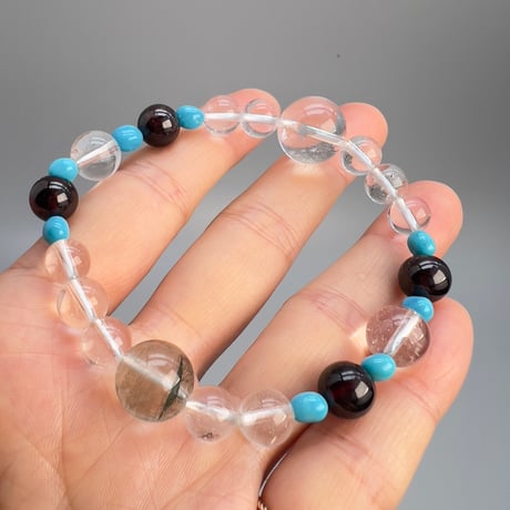 【アリゾナターコイズ×ネパールガーネット×天然ヒマラヤ水晶】デザインブレスレット/Arizona Turquoise×Nepal Garnet×Himalayan Quartz Bracelet