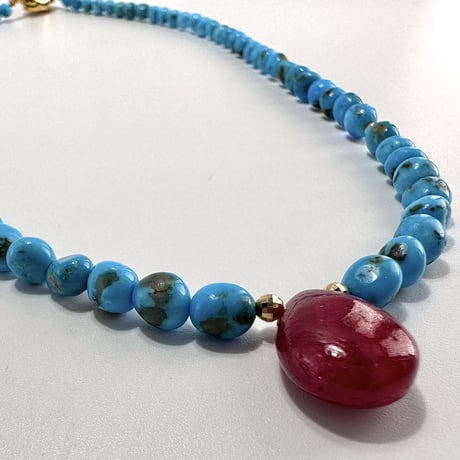スリーピングビューティーターコイズ&ルビー デザインネックレス/Sleeping Beauty Turquoise&Ruby Desig Necklace②
