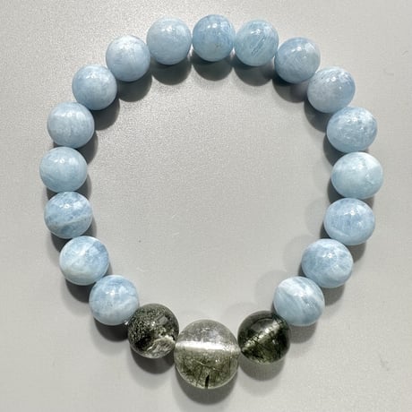 【デザインブレスレット】アクアマリン×ガネーシュヒマール産アクチノライト&クローライトインヒマラヤ水晶/Aquamarine×Ganesh Himal Actinolite&Chlorite