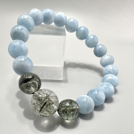 【デザインブレスレット】アクアマリン×ガネーシュヒマール産アクチノライト&クローライトインヒマラヤ水晶/Aquamarine×Ganesh Himal Actinolite&Chlorite