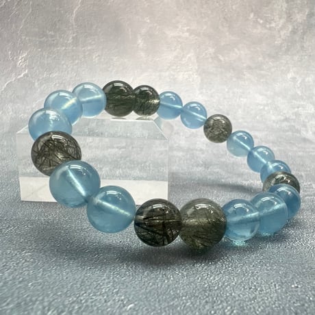 【デザインブレスレット】天然アクアマリン×ガネッシュヒマール産天然ヒマラヤ水晶/Aquamarine×Ganeshhimal Actinorite in Himalayan Quartz