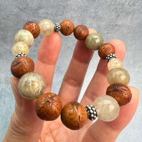 【デザインブレスレット】鳳眼菩提樹×ガネッシュヒマール産アクチノライト天然ヒマラヤ水晶/Phoenix Eye Bodhi Seed×Ganesh Himal Himalayan Quartz