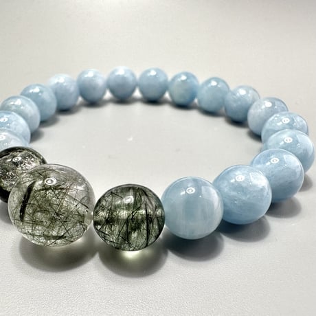 【デザインブレスレット】アクアマリン×ガネーシュヒマール産アクチノライト&クローライトインヒマラヤ水晶/Aquamarine×Ganesh Himal Actinolite&Chlorite