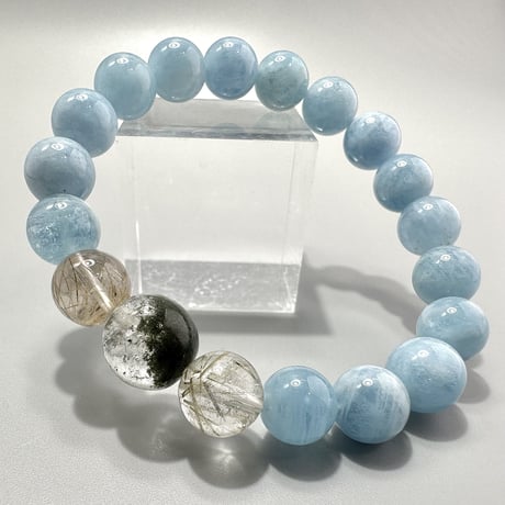 【デザインブレスレット】アクアマリン×ガネッシュヒマール産アクチノライト&クローライトインヒマラヤ水晶/Aquamarine×Ganesh Himal Actinolite&Chlorite