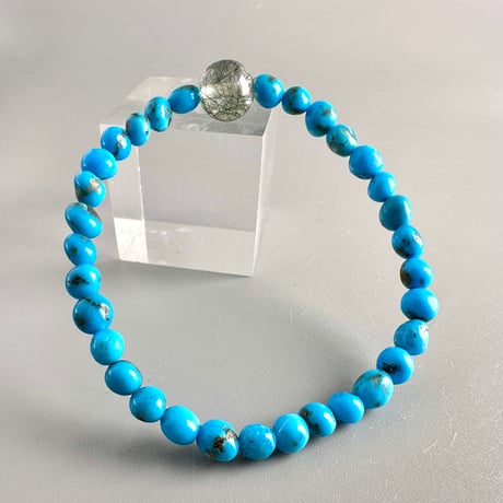 【デザインブレスレット】ターコイズ&ガネッシュヒマール産アクチノライトイン天然ヒマラヤ水晶/Turquoise&Ganesh Himal Actinolite in Himalayan Quartz