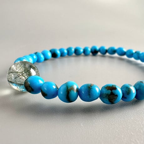 【デザインブレスレット】ターコイズ&ガネッシュヒマール産アクチノライトイン天然ヒマラヤ水晶/Turquoise&Ganesh Himal Actinolite in Himalayan Quartz