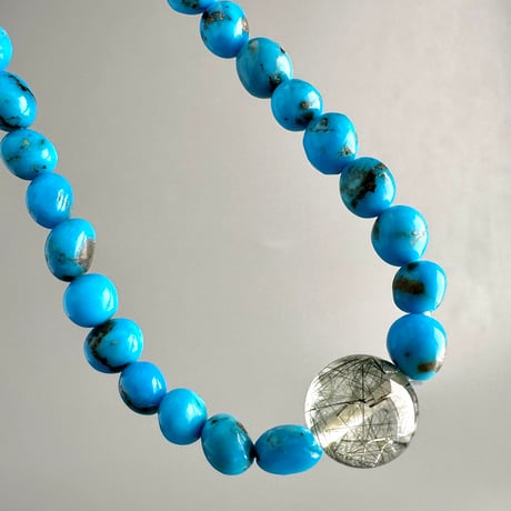 【デザインブレスレット】ターコイズ&ガネッシュヒマール産アクチノライトイン天然ヒマラヤ水晶/Turquoise&Ganesh Himal Actinolite in Himalayan Quartz