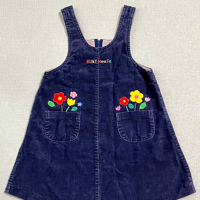 ミキハウス サイズ100 レトロ ジャンパースカート コーデュロイ お花