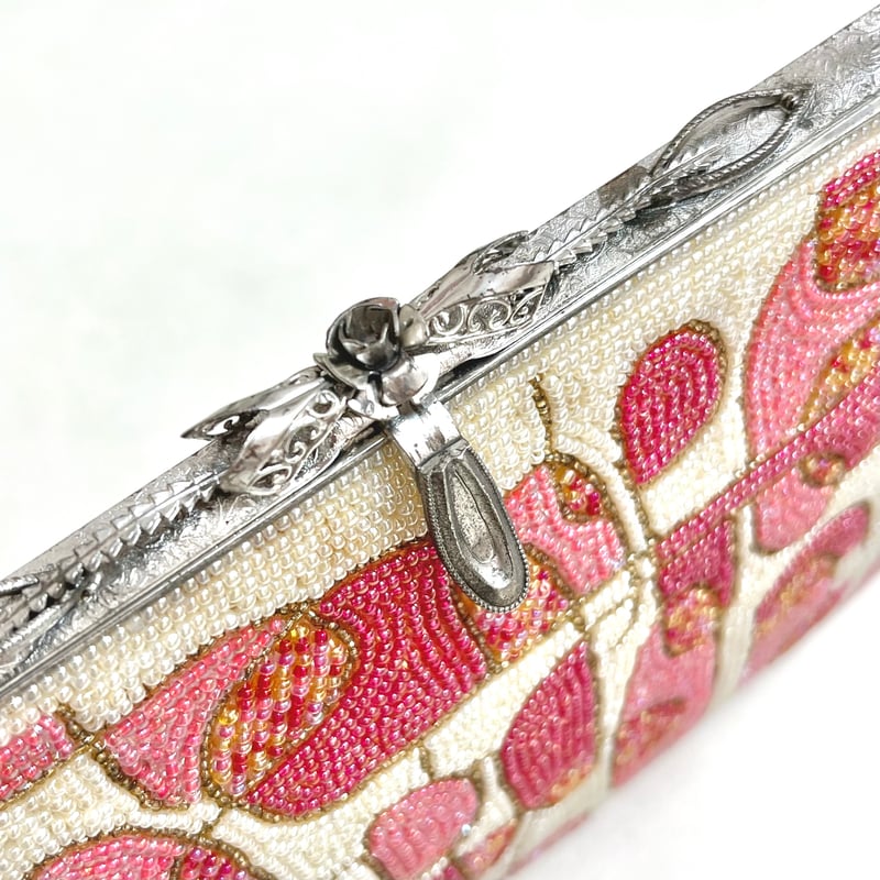 ビーズバッグ　和装　手縫い　ヴィンテージ Vintage】ビーズ刺繍バッグ Beaded Bag 東京手刺繍 ベージュ 孔雀の