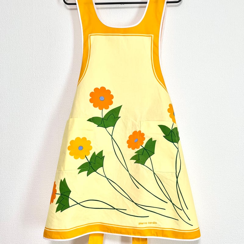 ピエールカルダン 昭和レトロ ヴィンテージ エプロン イエロー 花模様