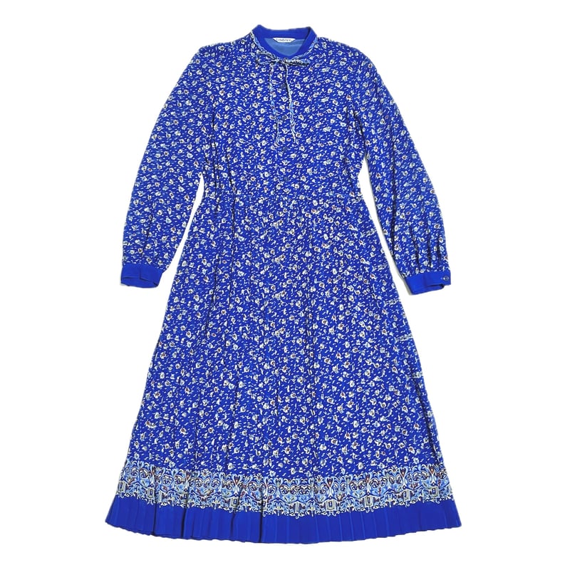 昭和レトロ ヴィンテージ ワンピース ブルー系総柄 二葉 Love