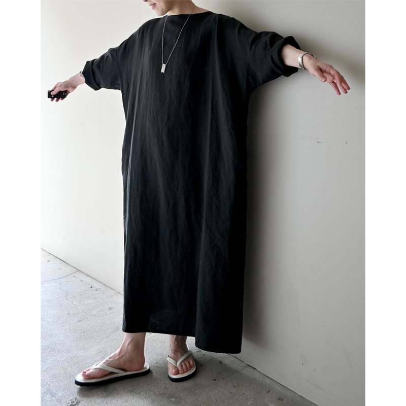 TRAVAIL MANUEL フレンチリネンキャンバス 7分袖ロングワンピース | YOCA