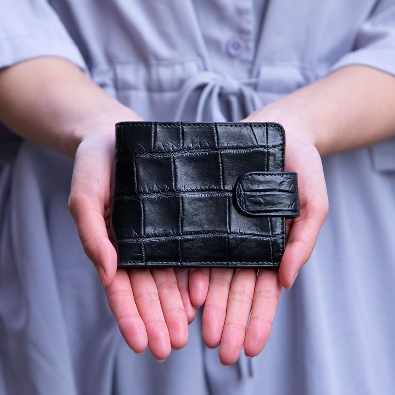 【THA300120】二つ折り クロコダイル 財布 ウォレット ブラック