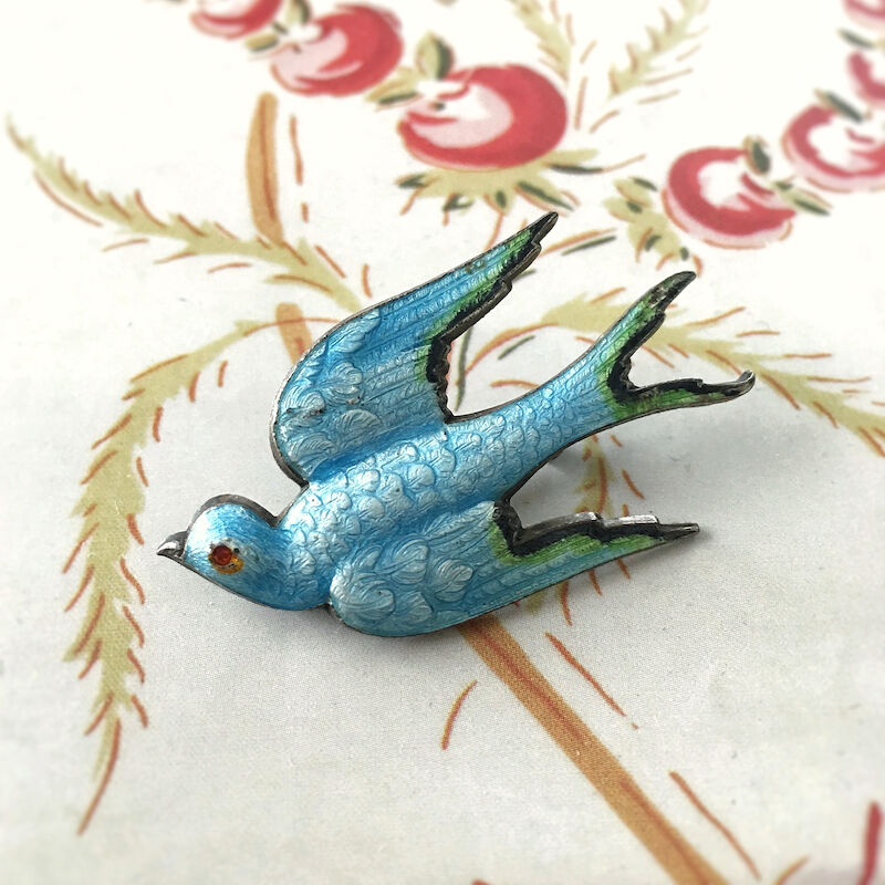 ギローシュエナメル 青い鳥(ツバメ)のヴィンテージブローチ