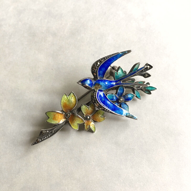 silver935 × marcasite グラスエナメル/青い鳥(ツバメ)と花の