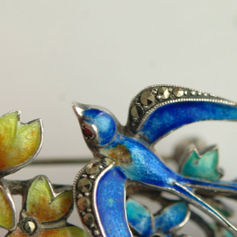 silver935 × marcasite グラスエナメル/青い鳥(ツバメ)と花の