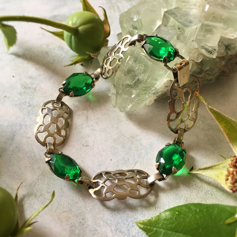 silver925 エメラルドグリーンのグラスストーン/ヴィンテージ