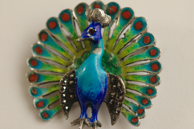 silver グラスエナメルの孔雀/ヴィンテージブローチ/イギリス
