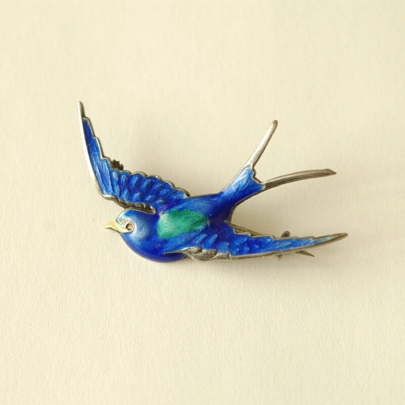 イギリス製 silver925 × glass enamel/青い鳥(ツバメ)のアンティークブ