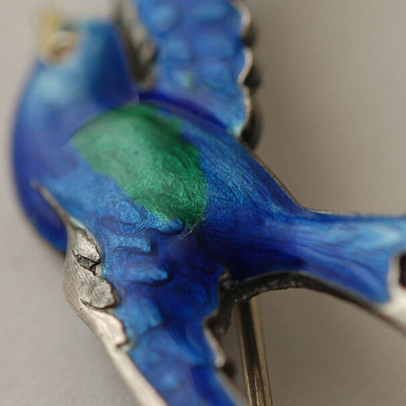 イギリス製 silver925 × glass enamel/青い鳥(ツバメ)のアンティークブ...