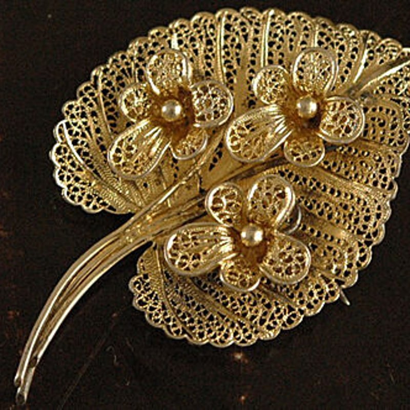 silver filigree 金色のすみれのヴィンテージブローチ/ドイツ