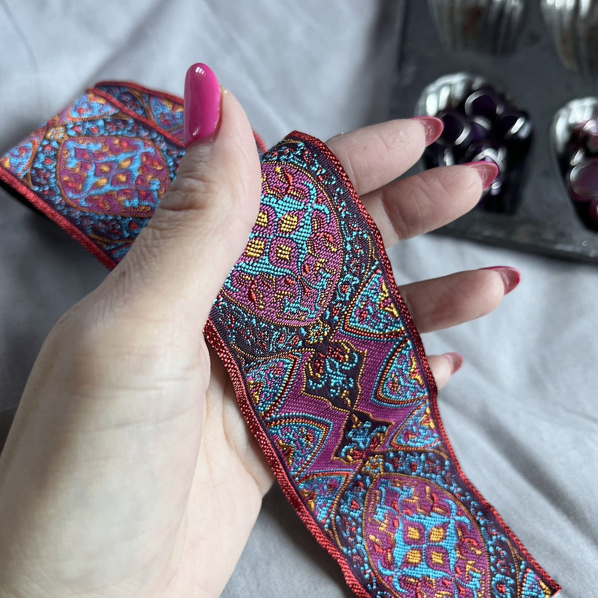 インド刺繍 ワイドリボン( pink×Blueペイズリー) | anyone