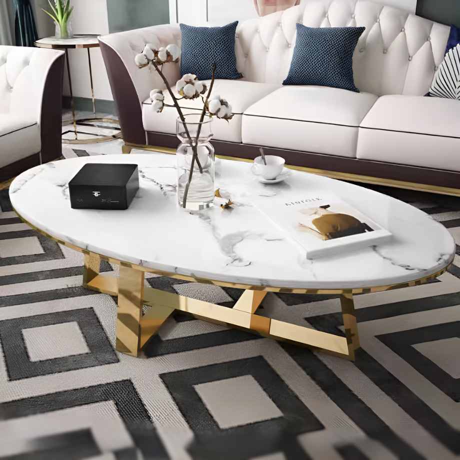 金色の装飾的オーバルテーブル ノルディックステンレスゴールドオーバルティテーブル | リビング