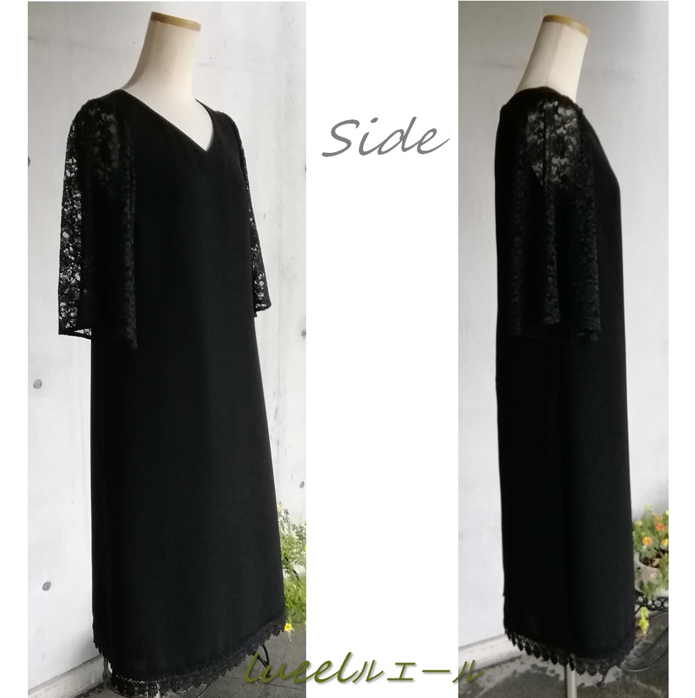 喪服でも使える袖レースのパーティードレス《4L～6L》ブラック  
