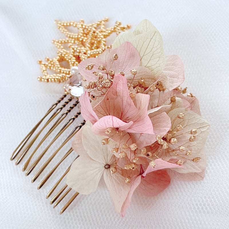 ビーズとボタニカルのヘアコーム【秋色アジサイとかすみ草