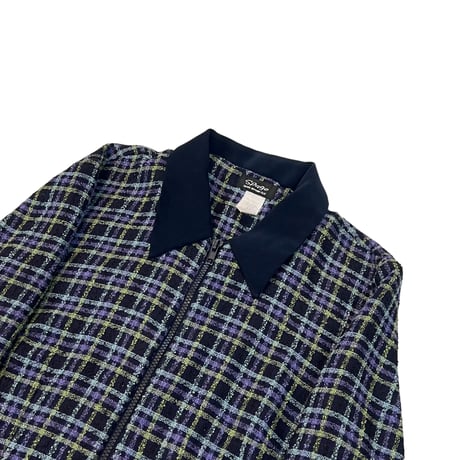 check pattern zip-up knit jacket