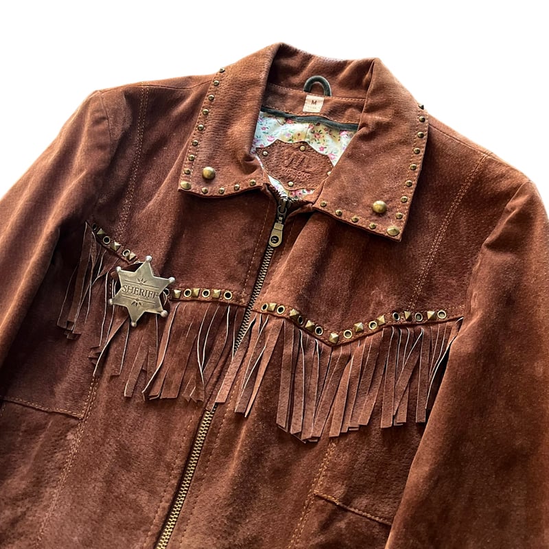 Vintage studs design western fringe suede leath