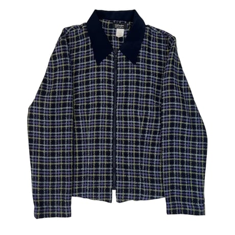 check pattern zip-up knit jacket