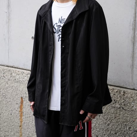 Lame striped open collar shirt "BLACK"【Polaroid】