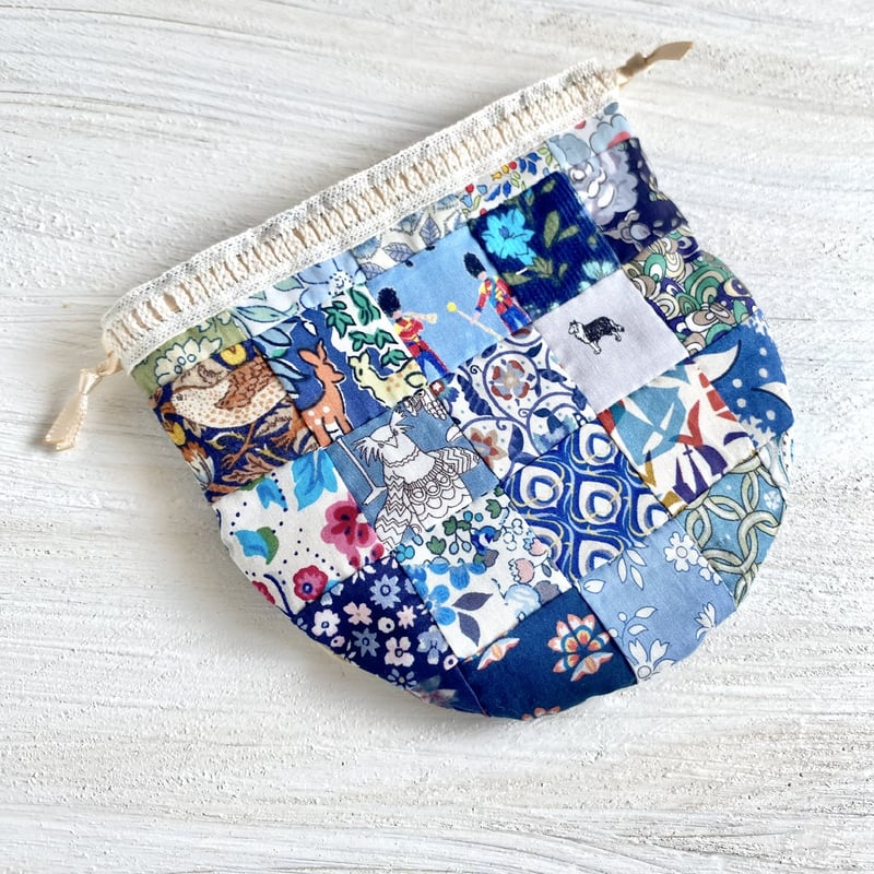 ミニ 巾着付きトートバッグ ファスナーポーチ 2点セットパッチワーク ブルー系 ミニ 巾着付きトートバッグ ファスナーポーチ 2点セットパッチ