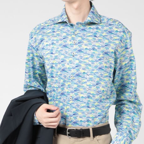 LIBERTY FABRICS  NO. 103 リバティプリント リバティ リバティシャツ   ドレスシャツ  ＜CARS NEON /カーズ ネオン / ブルー系＞