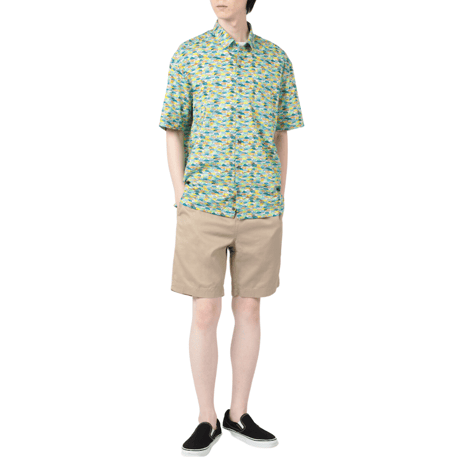 LIBERTY FABRICS　NO.112 リバティプリント  半袖シャツ リバティシャツ ＜CARS NEON / カーズ・ネオン / グリーン系＞