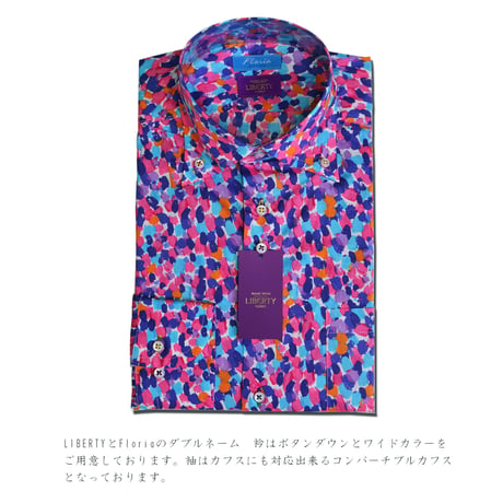 LIBERTY FABRICS　NO.23 リバティプリント  ドレスシャツ  リバティシャツ  ＜ Morning Dew / モーニング・デュー＞【ピンク＆ブルー】