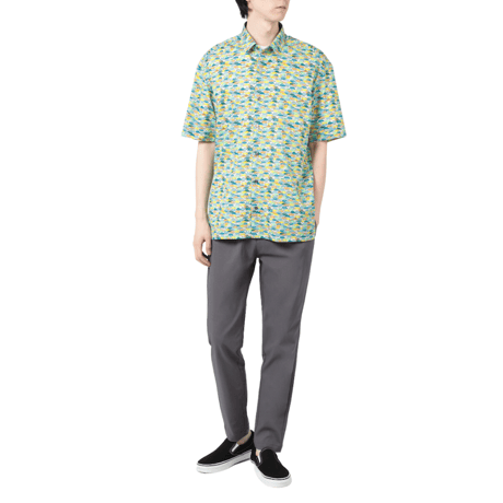 LIBERTY FABRICS　NO.112 リバティプリント  半袖シャツ リバティシャツ ＜CARS NEON / カーズ・ネオン / グリーン系＞