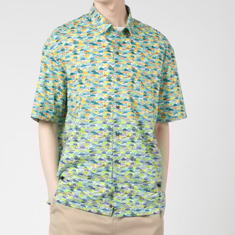 LIBERTY FABRICS　NO.112 リバティプリント  半袖シャツ リバティシャツ ＜CARS NEON / カーズ・ネオン / グリーン系＞