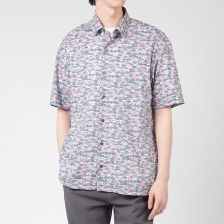 LIBERTY FABRICS　NO.111 リバティプリント  半袖シャツ リバティシャツ ＜CARS NEON / カーズ・ネオン / グレー系＞
