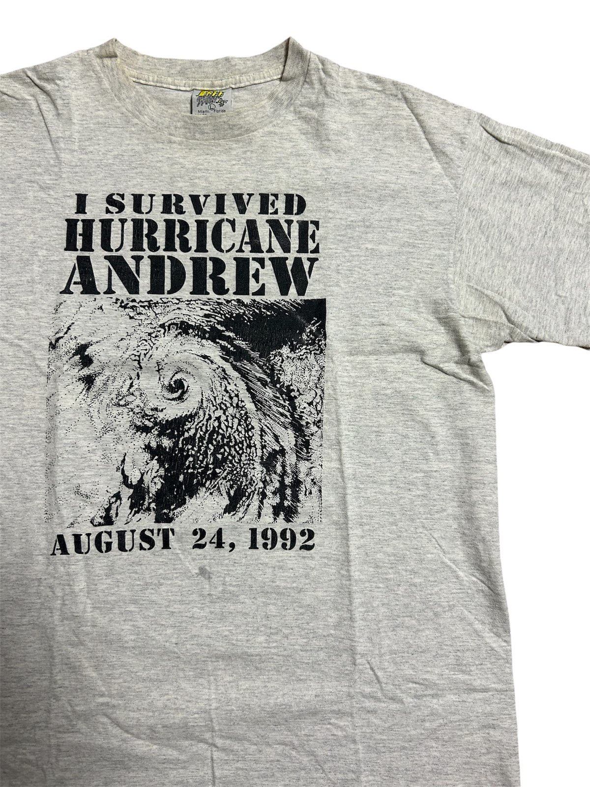 90's USA製 ハリケーン “ANDREW” 両面プリントTシャツ L 霜降りグレー