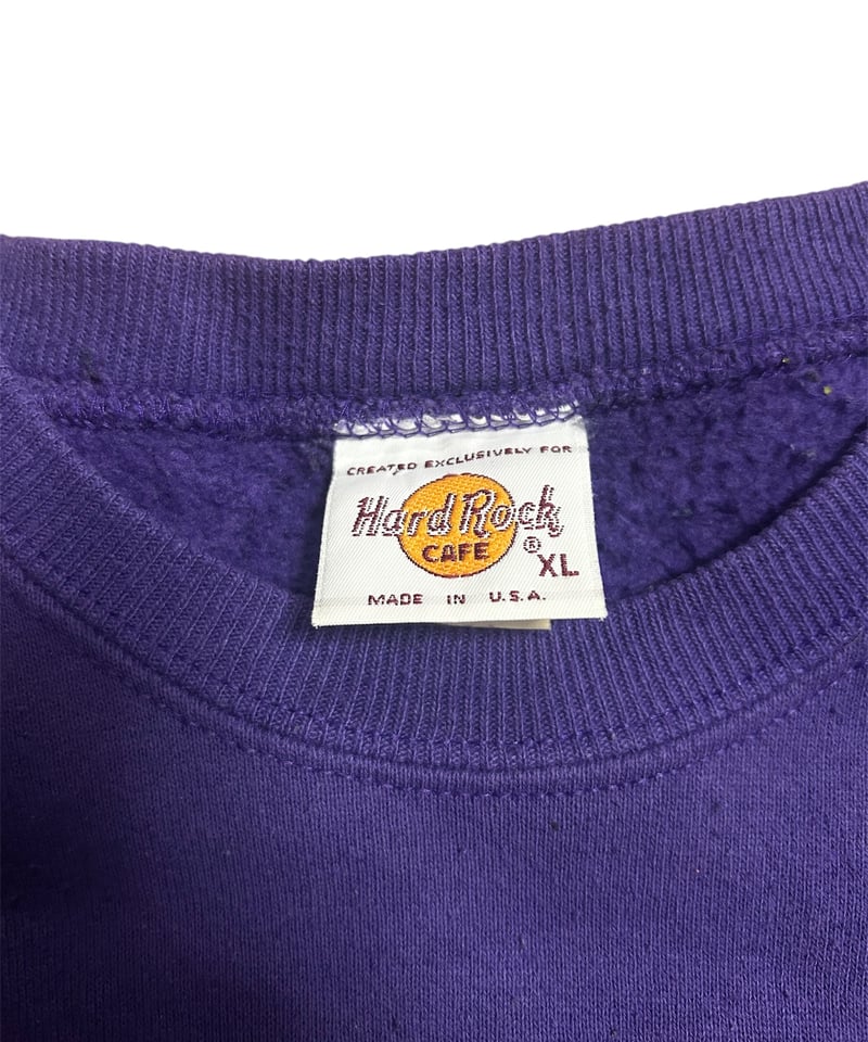 ハードロックカフェ　スウェット  刺繍ロゴ　刺繍タグ　紫　希少　USA製 90's USA製 Hard Rock CAFE 刺繍ロゴ スウェット XL 紫 | SORE