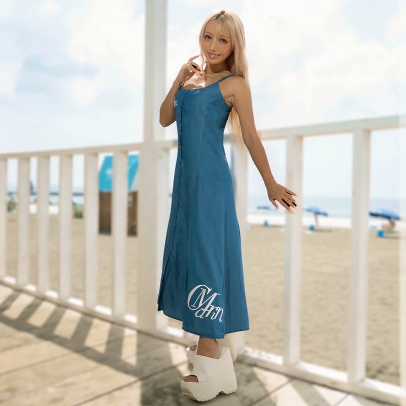 ウォッシュ加工デニム　マキシ丈ワンピース　濃色 未使用 ウォッシャーデニム風マキシワンピ | C.Marin®