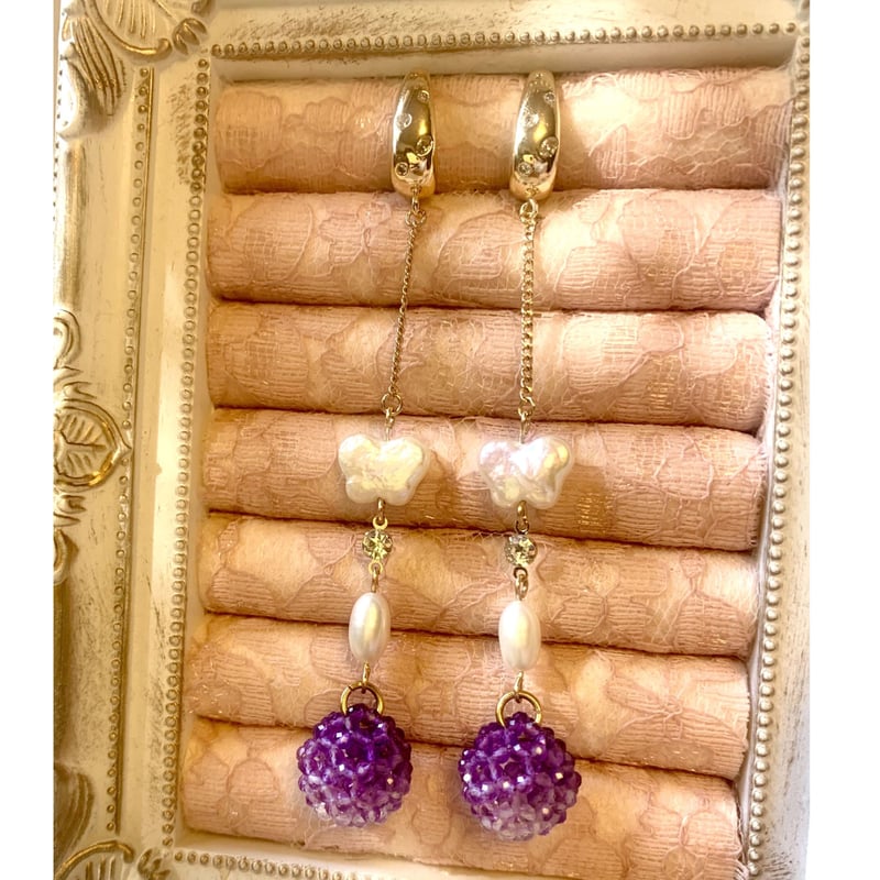 アメジスト& 淡水パール 蝶 ロングピアス 14kgf 【神聖幾何学