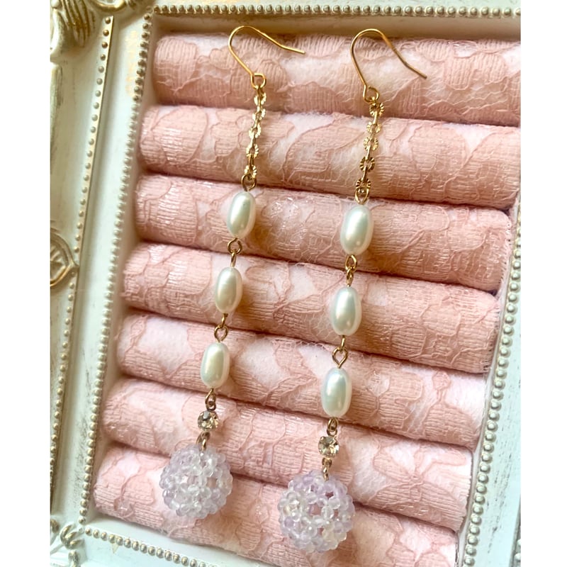 アメトリン & 3連淡水パール ロングピアス 14kgf 【神聖幾何学