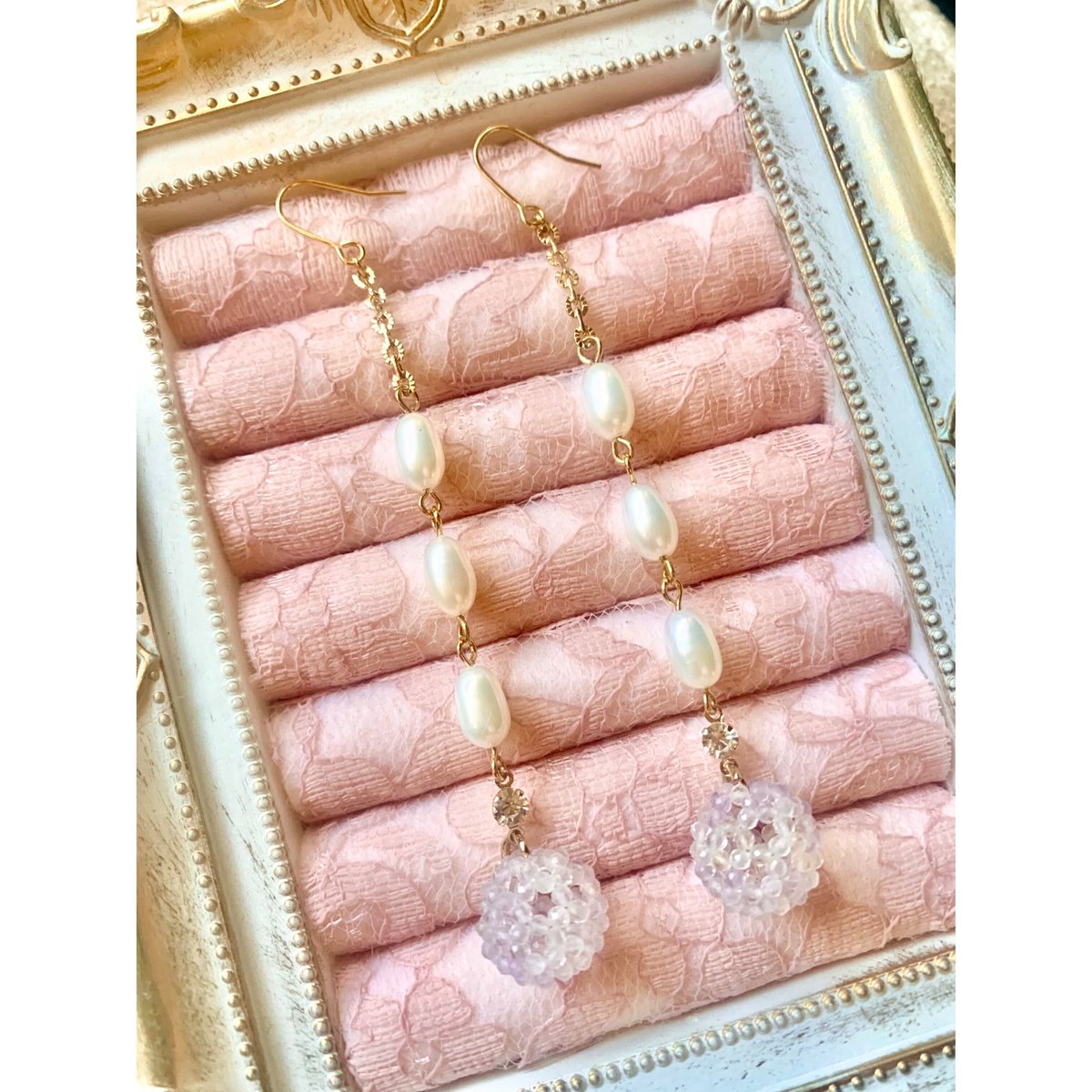 14kgf 淡水パールとアメトリンのピアス アメトリン & 3連淡水パール ロングピアス 14kgf 【神聖幾何学