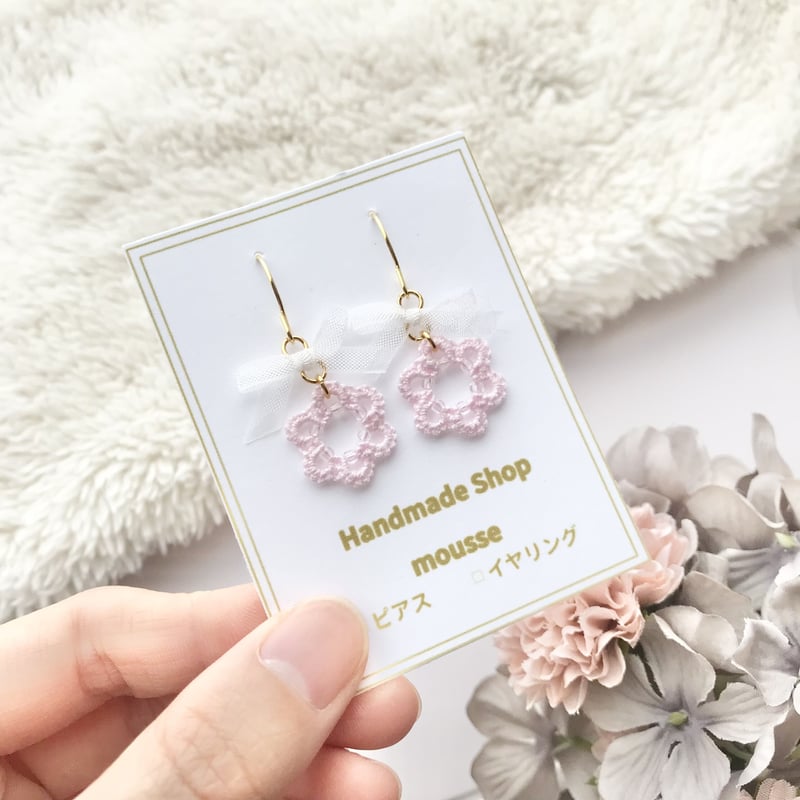 白リボンピアス/イヤリング ピンク | HandmadeShop mousse